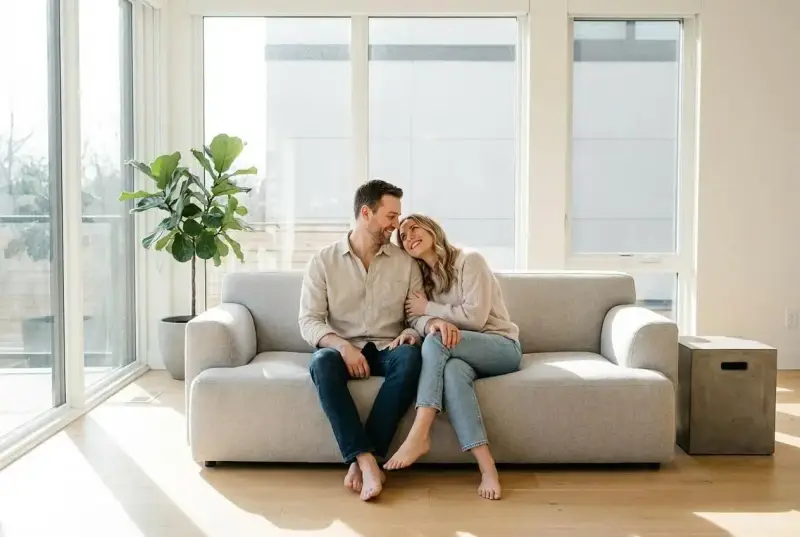 Couple complice sur un canapé, profitant d'un moment de tendresse. Le manque d'intimité dans le couple est ici absent, remplacé par une connexion palpable.