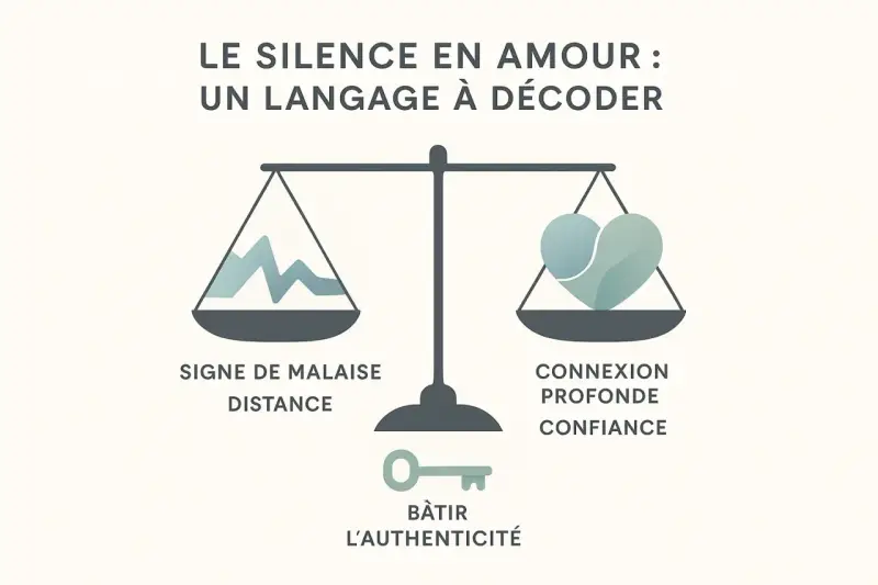 Balance symbolisant le silence en amour : d'un côté, le malaise et la distance ; de l'autre, connexion et confiance. La clé pour bâtir l'authenticité.