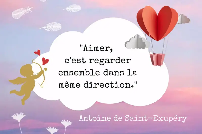 Un ange d'or tire une flèche, entouré de cœurs et de plumes. Une phrase qui touche un homme : "Aimer, c'est regarder ensemble dans la même direction.