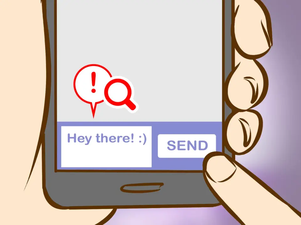 Un smartphone affiche "Hey there! :)". Une bulle rouge avec un point d'exclamation et une loupe suggère comment draguer un mec par texto.